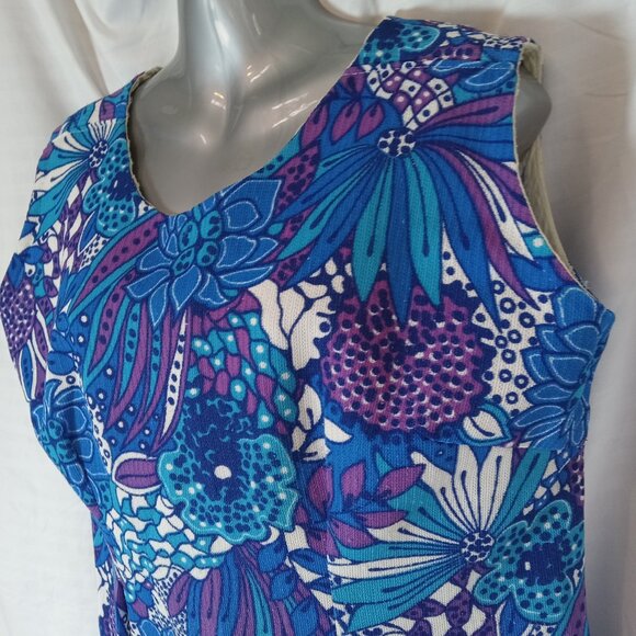 1960s Vintage Blue Purple Tropical Flower Power XL Shift Dress Handmade - Picture 6 of 12